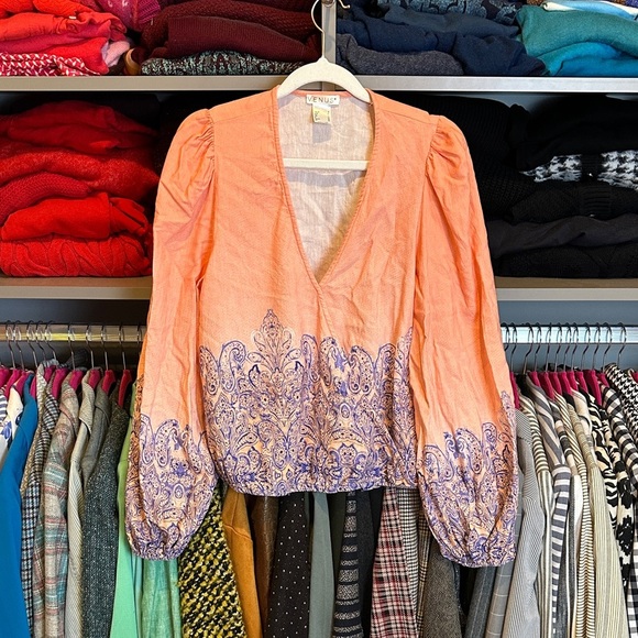 Venus coral/blue print cotton/viscose long balloon sleeve v neck top size 8 - Picture 1 of 3